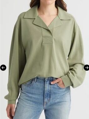 NWOT Treasure & Bond Oversized Long Sleeve Cotton Polo XS Green Nordstrom Boxy